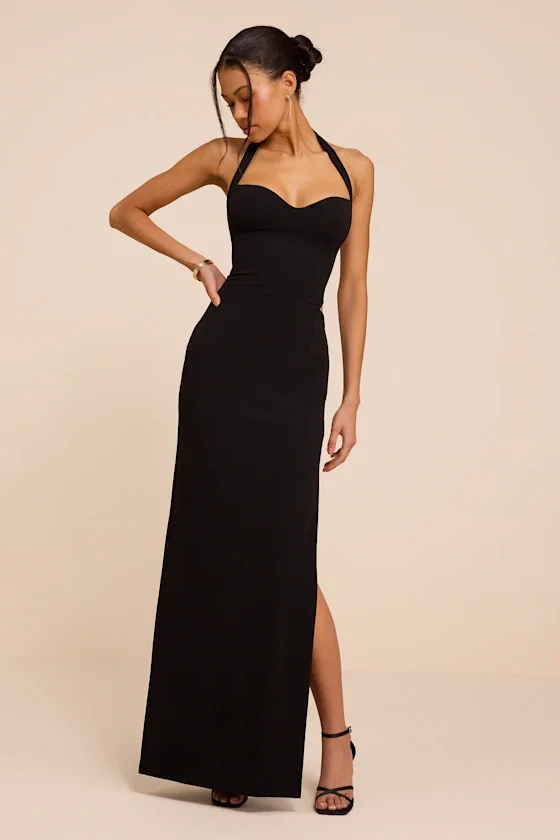 Image of Irisa Black Crepe Knit Column Maxi Dress