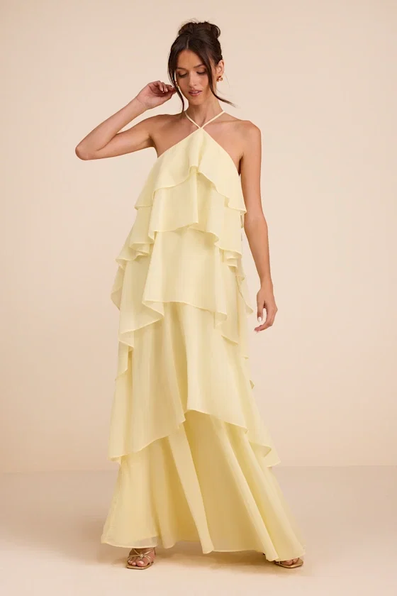 Image of Aveley Light Yellow Tiered Shift Maxi Dress