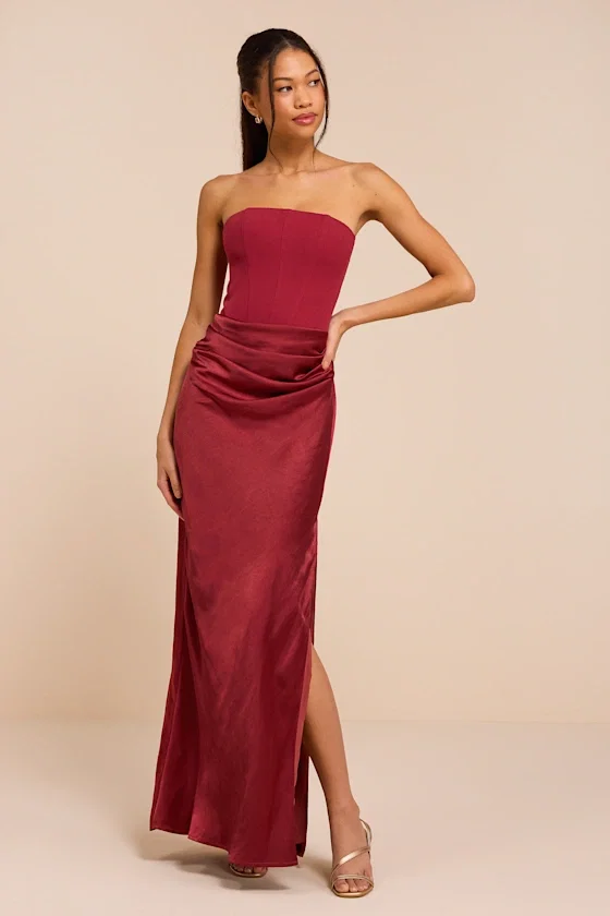 Image of Mella Burgundy Mixed Media Strapless Maxi Dress