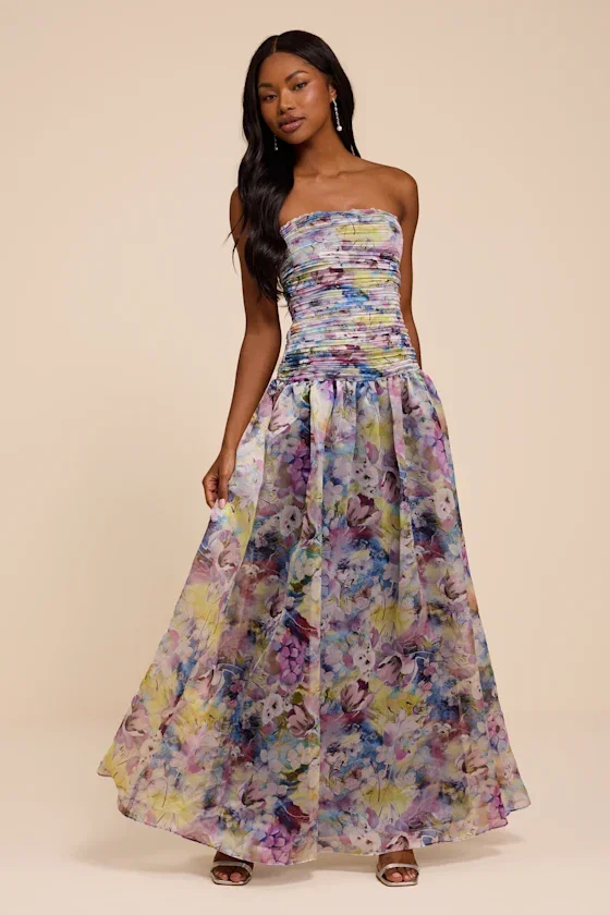 Image of Kasandra Light Blue Multi Floral Organza Drop Waist Maxi Dress