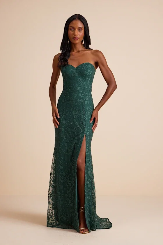 Image of Romantic Beauty Green Floral Embroidered Strapless Maxi Dress