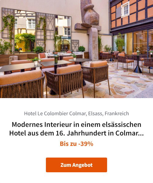 Modernes Interieur in einem elsässischen Hotel aus dem 16. Jahrhundert in Colmar