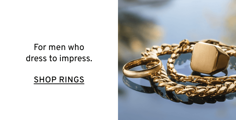 Pile of gold men’s jewelry. For men who dress to impress. Click to Shop Rings