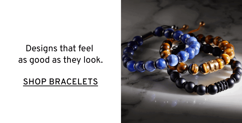 Pile of colorful men’s beaded bracelets. Designs that feel as good as they look. Click to Shop Bracelets