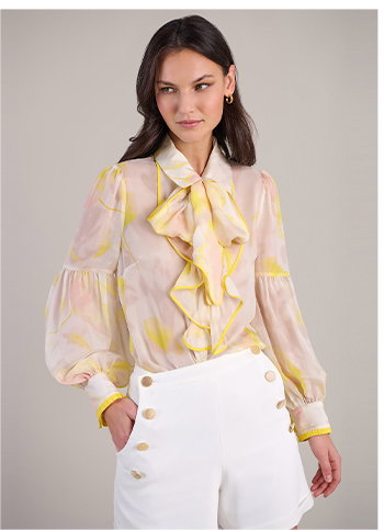 Yellow Sheer Silk Organza Balloon Sleeve Shirt
