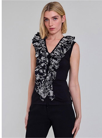 Black Jersey Sleeveless Top with Embroidered Ruffle
