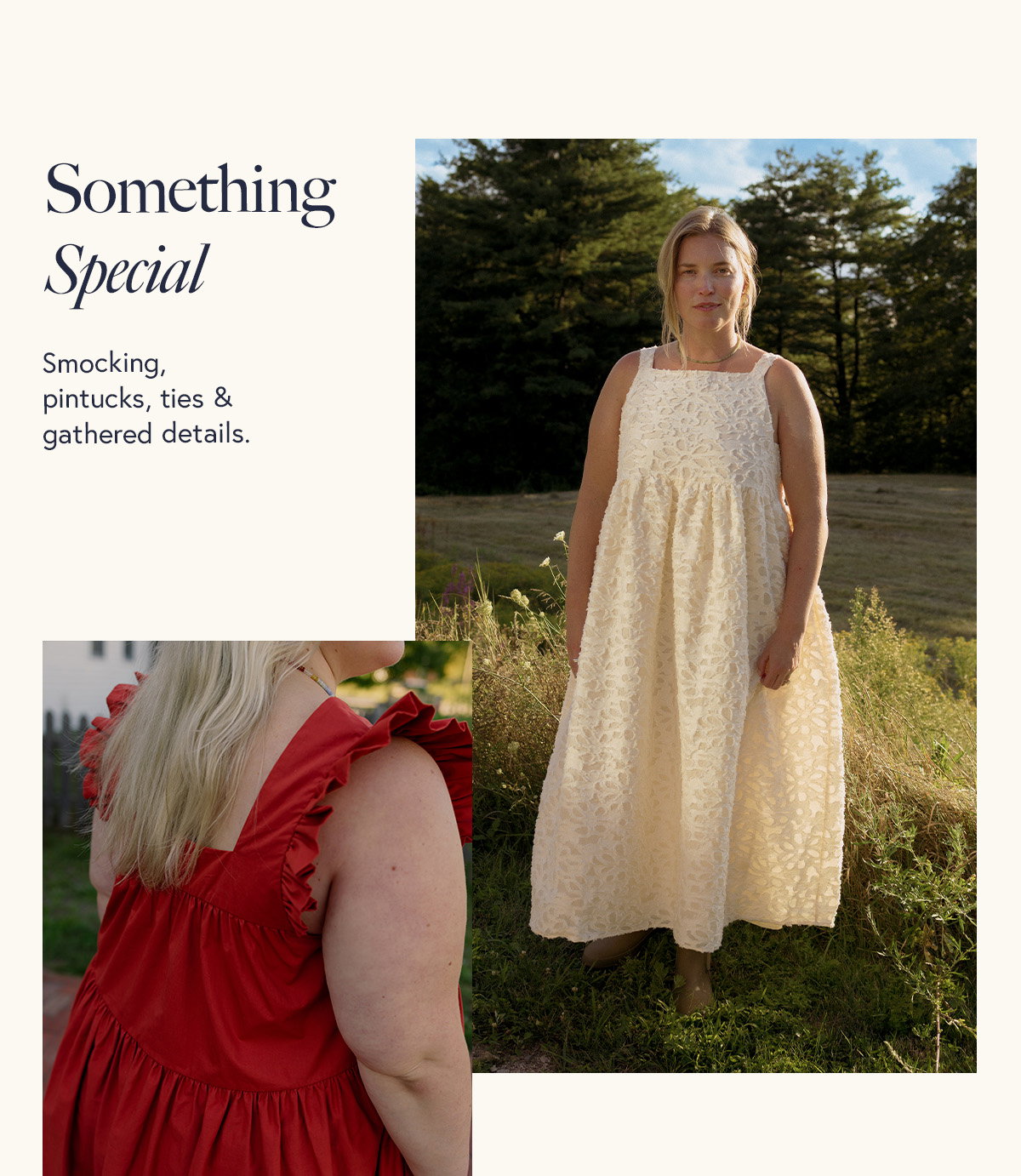 Smocking, pintucks, ties & gathered details.