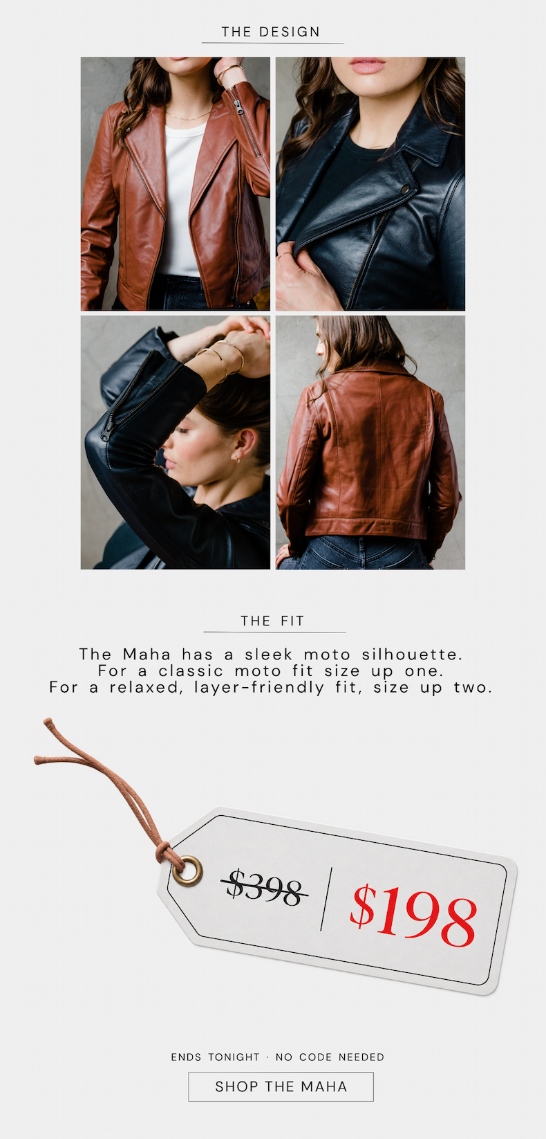 The design. Four photos of jacket details. Front, back, lapel, and arm zipper detail. A fit note: size up one for a classic fit, size up two for a relaxed, layer-friendly fit. Price tag graphic with MSRP and promotional price. Limited-time. No code needed. Shop the Maha.