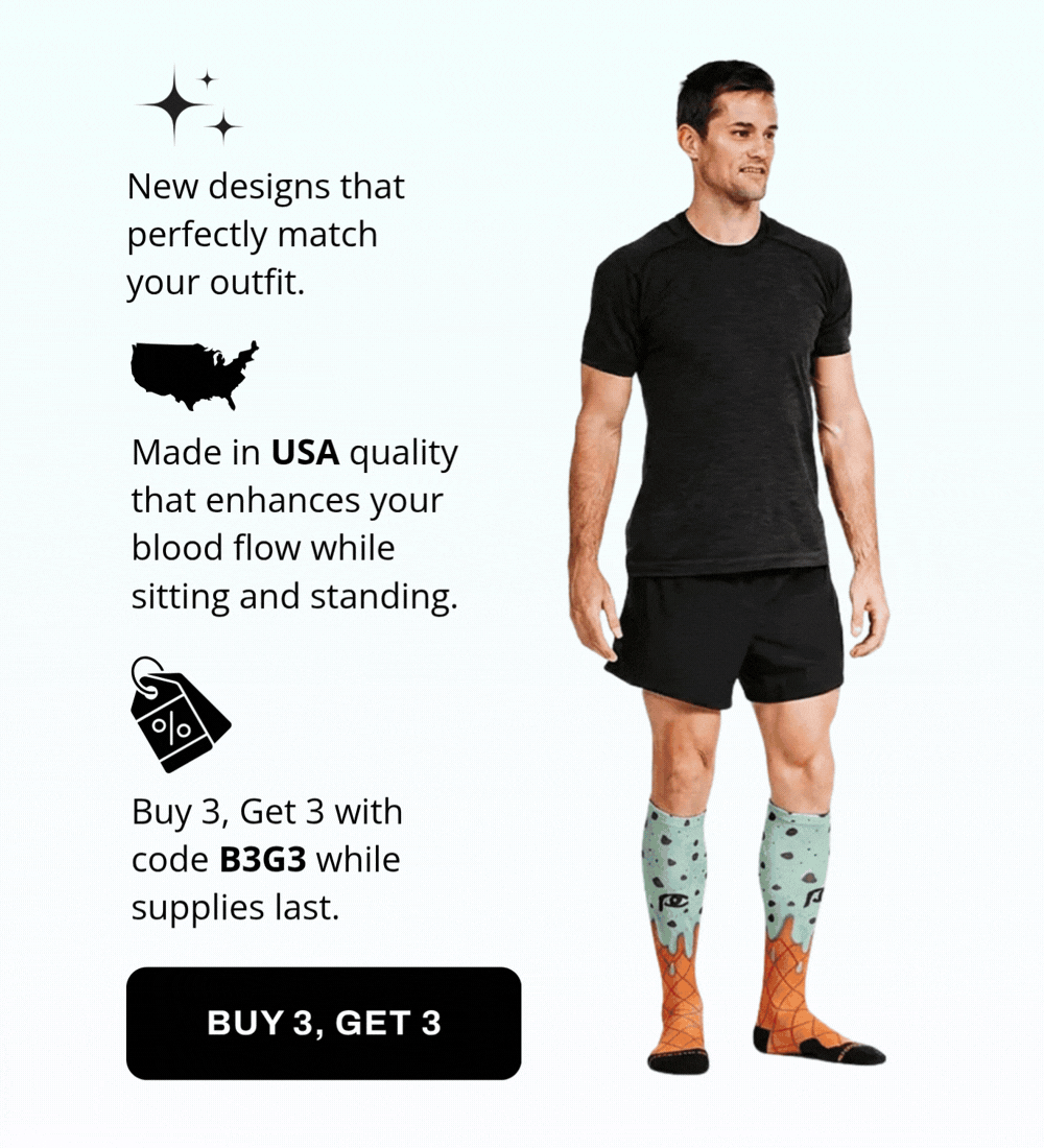 New designs that perfectly match your outfit. Made in USA quality that enhances your blood flow while sitting and standing. Buy 3, Get 3 with code B3G3 while supplies last.