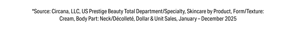 *Source: Circana, LLC, US Prestige Beauty Total Department/Specialty, Skincare by Product, Form/Texture: Cream, Body Part: Neck/Décolleté, Dollar & Unit Sales, January - December 2025