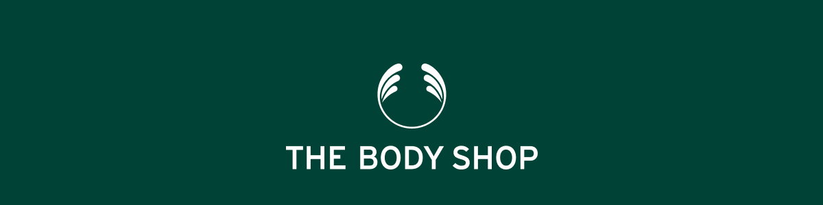 The Body Shop logo with white text and a circular leaf emblem on a dark green background.