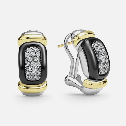 Two-Tone Black Ceramic Diamond Huggie Earrings