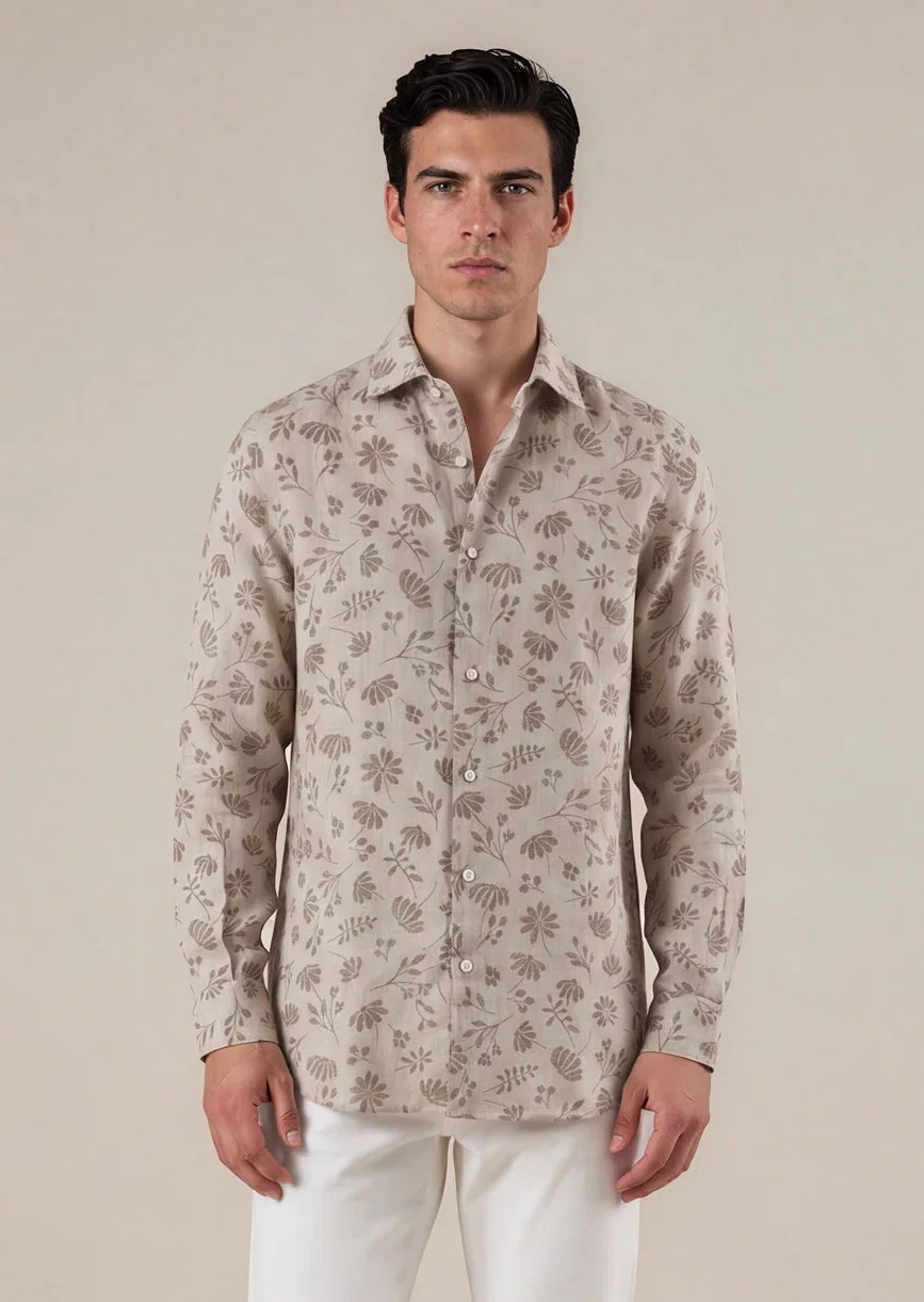 Image of Hand-Finished Tan Floral Linen Shirt