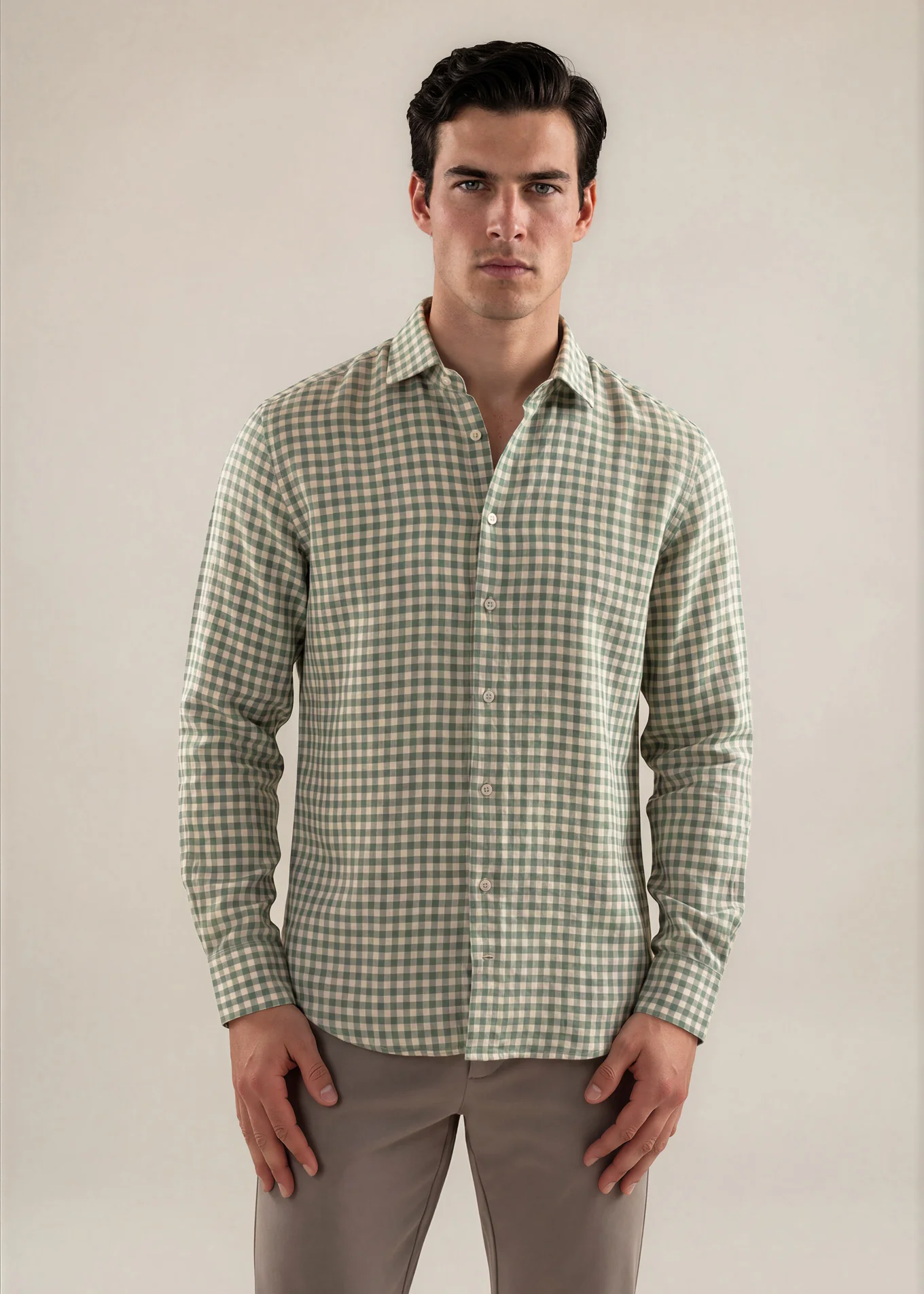 Image of Hand-Finished Sage Gingham Linen Shirt