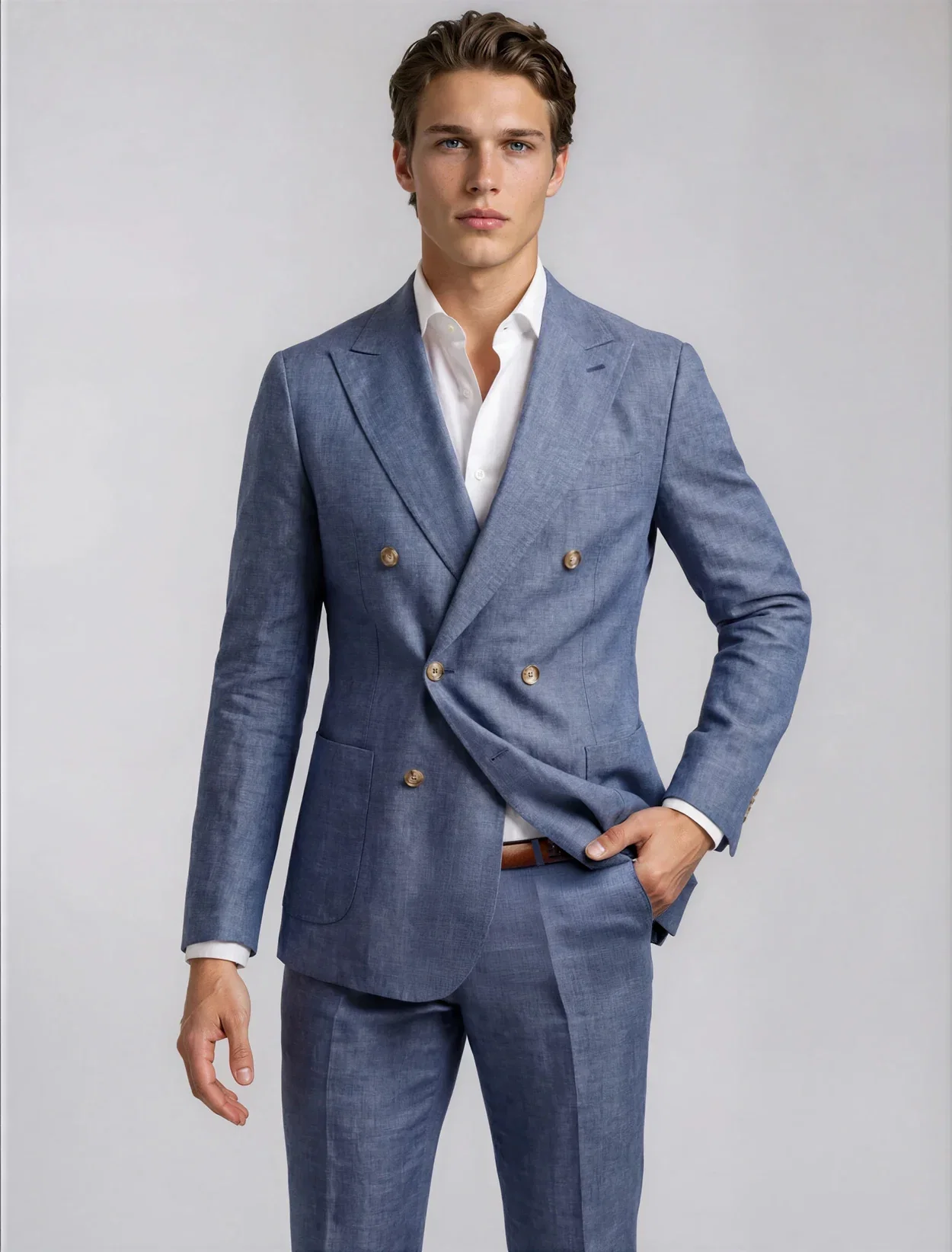 Image of New Sky Chambray Linen Doubled Breasted Suit Jacket