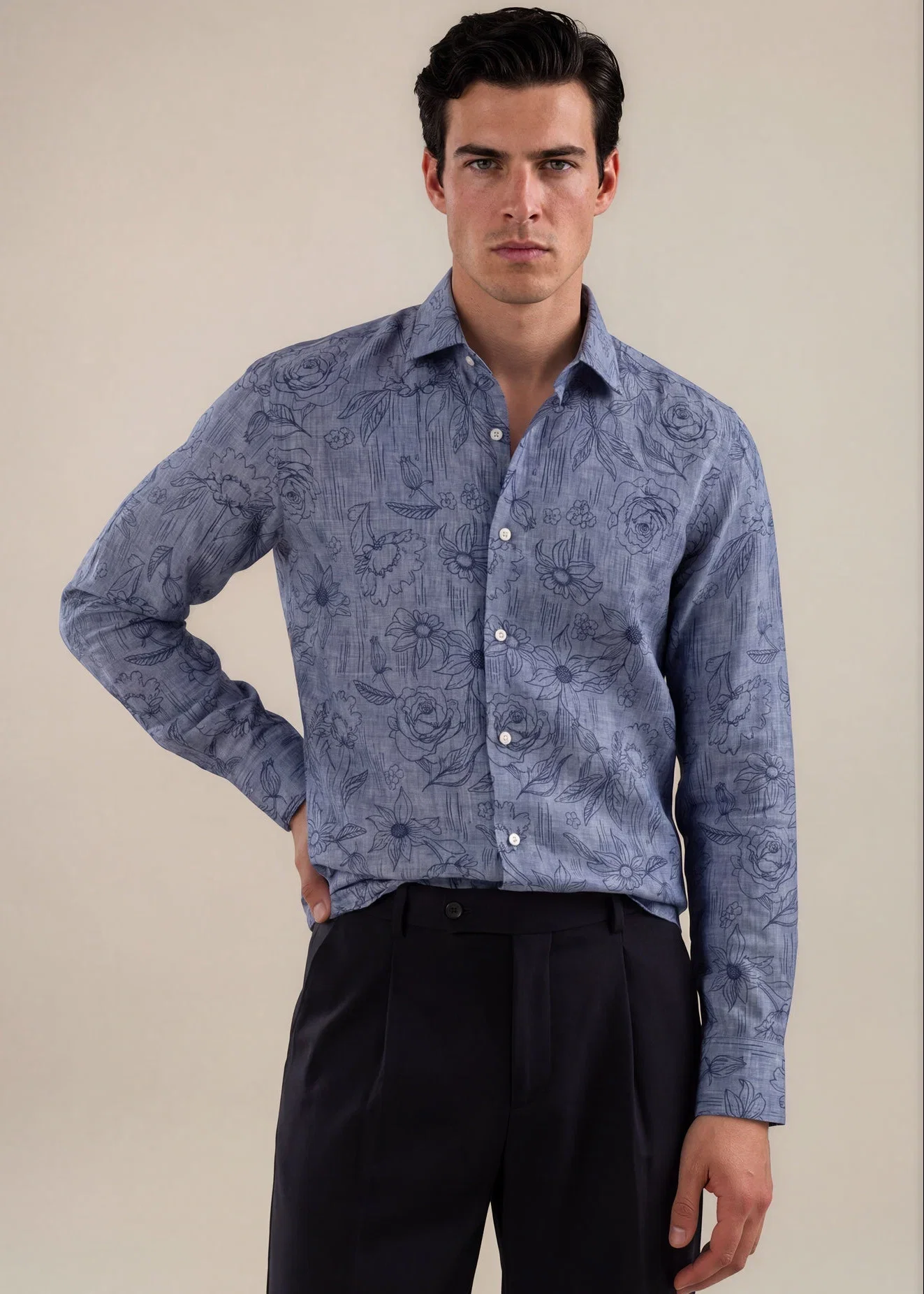 Image of Hand-Finished Navy Floral Linen Shirt