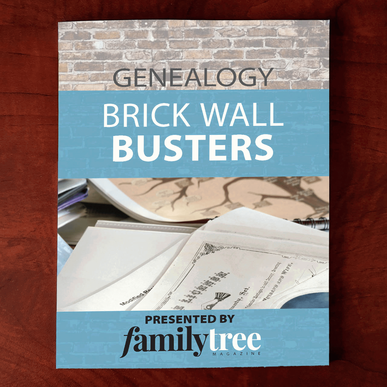 Cover of a booklet titled "Genealogy Brick Wall Busters" with images of genealogy charts and documents, presented by Family Tree Magazine.