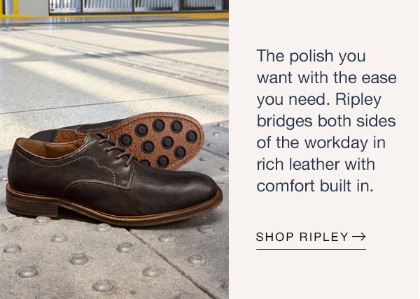Brown leather Ripley shoes displayed on a Metro platform, showing the cushioned sole and traction details. Text reads: 
