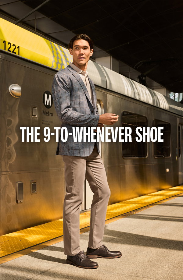 Model wearing a plaid blazer, neutral polo, tailored pants, and brown Ripley shoes on a Metro platform. Text reads: 