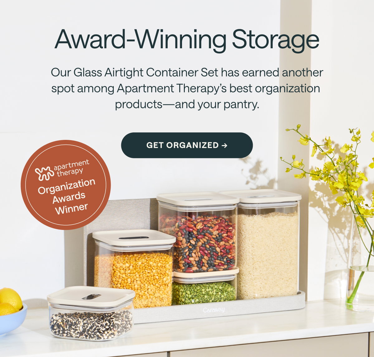 Award-Winning Storage Our Glass Airtight Container Set has earned another spot among Apartment Therapy's best organization products—and your pantry. [[GET ORGANIZED →]] apartment therapy Organization Awards Winner