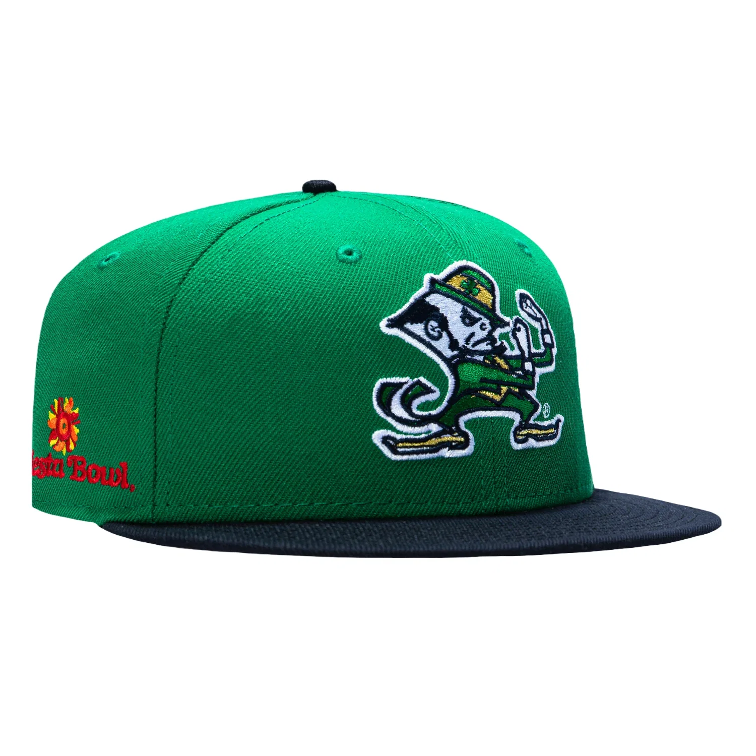 Image of New Era 59Fifty Notre Dame Fighting Irish Fiesta Bowl Patch Mascot Hat - Kelly Green, Navy