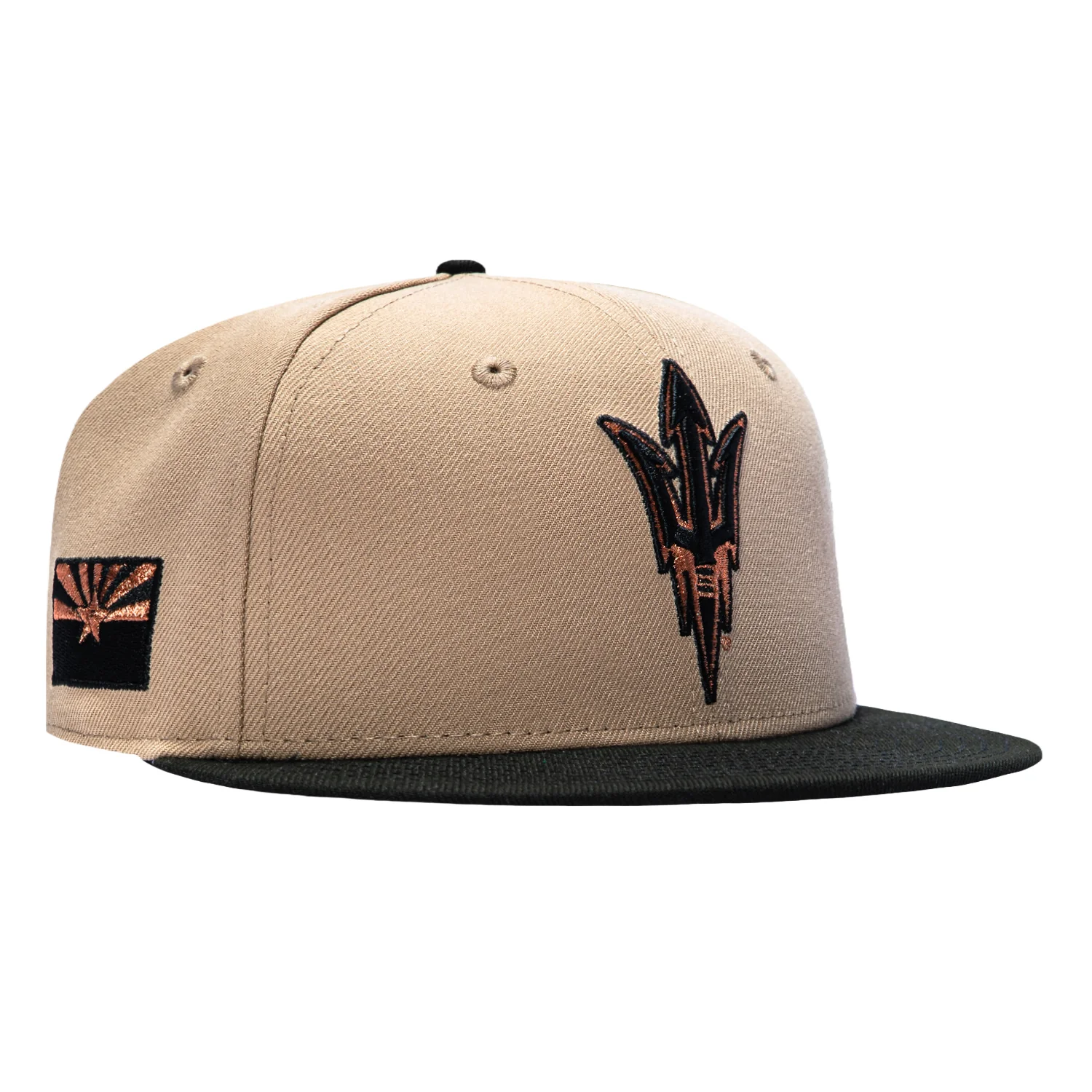 Image of New Era 59Fifty Arizona State Sun Devils AZ Flag Patch Hat - Khaki, Black, Metallic Copper