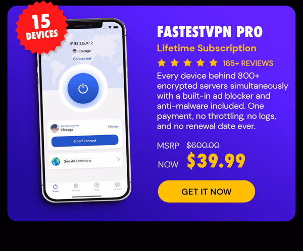 FastestVPN PRO: Lifetime Subscription (15 Devices)