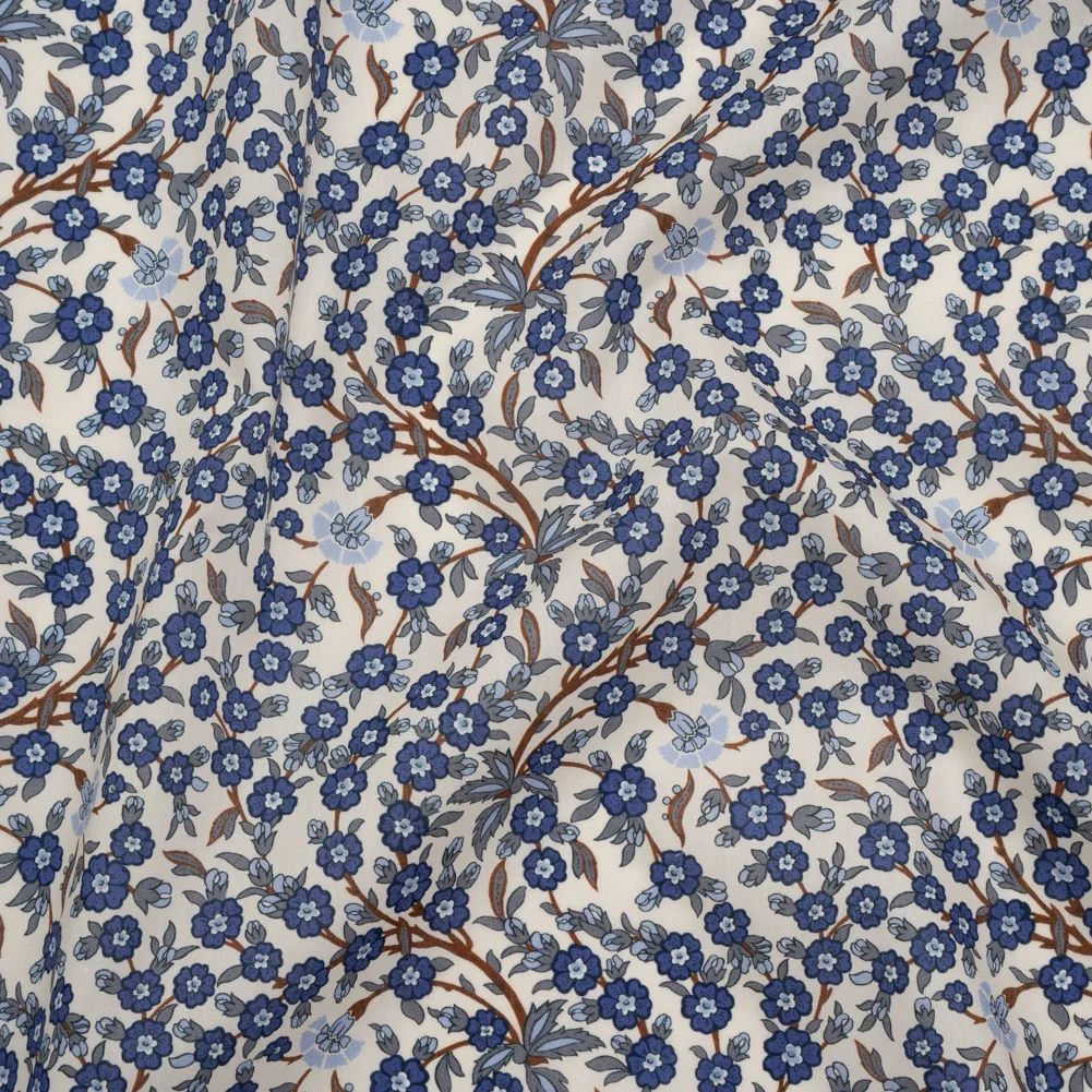 Image of Liberty Fabrics Tana Lawn® - Empress Blue - Blue and Russet Trailing Cherry Blossoms