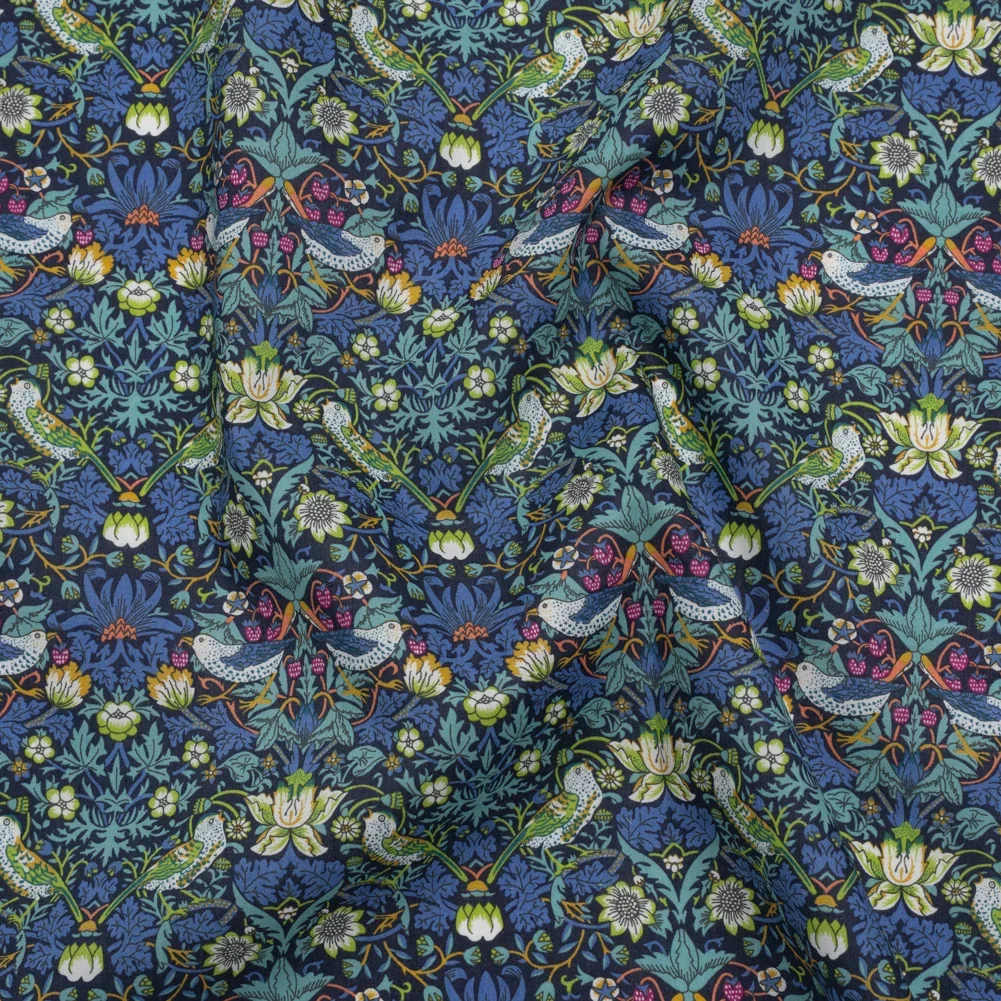 Image of Liberty Fabrics Tana Lawn® - Strawberry Thief Dark Blue - Blue, Lime Green and Berry Pink Birds, Berries and Flowers