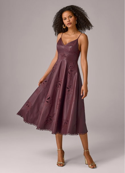 Faux Leather Floral Cut Out Fit and Flare Dress