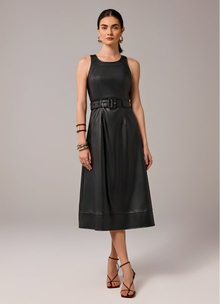 Faux Leather Belted High Neck Dress