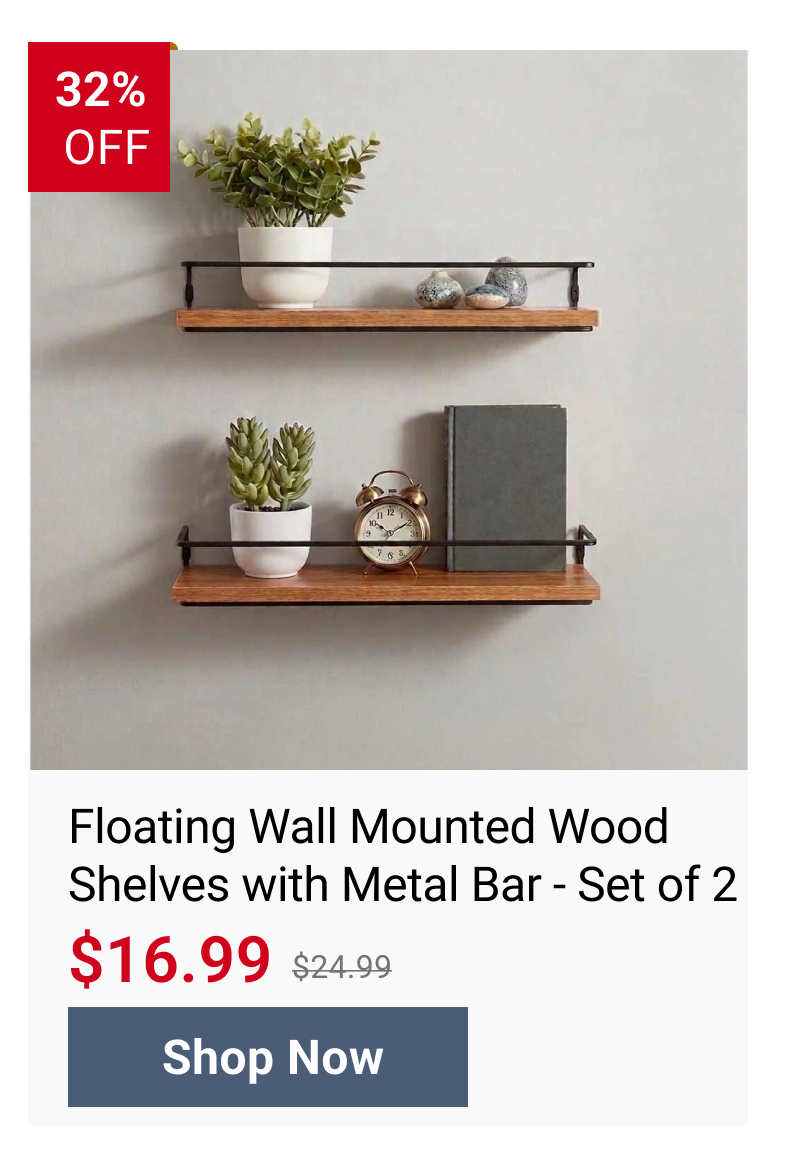 Floating Wall Mounted Wood Shelves with Metal Bar - Set of 2