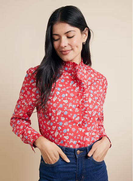 Red & Blue Floral Frill Shirt