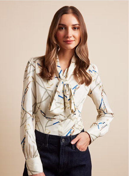 Cream & Gold Chains Pussybow Blouse