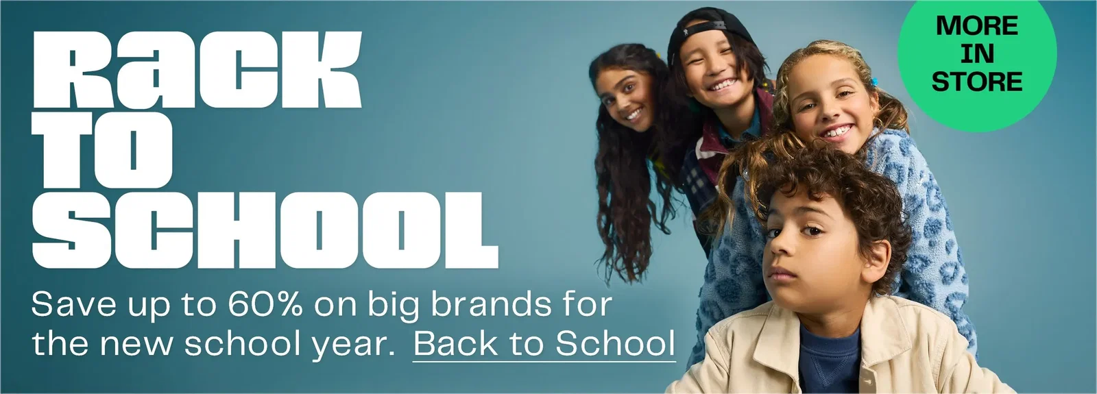 Rack to School. Four kids pose for a picture.