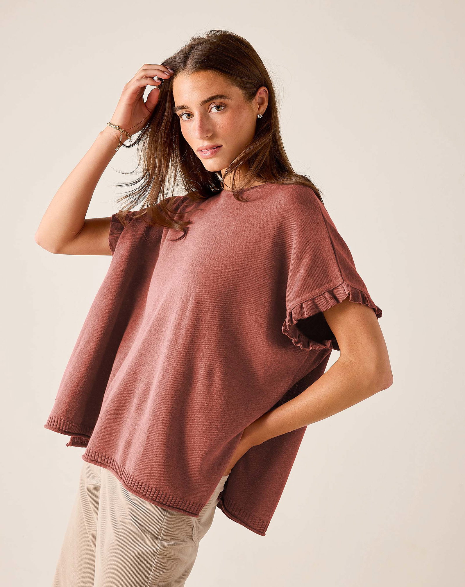 Catalina Short Sleeve Ruffle Sweater - Burnt Brick