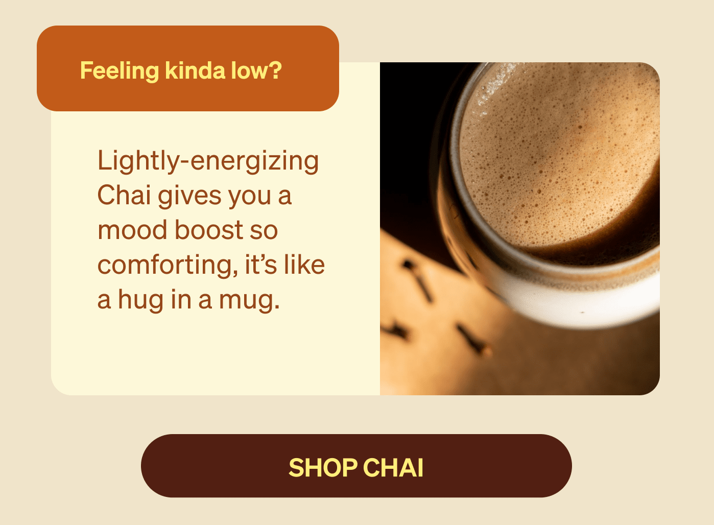 Feeling kinda low? Lightly-energizing Chai gives you a mood boost so comforting, it’s like a hug in a mug. SHOP chai