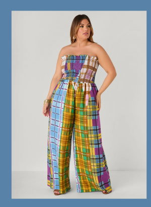 Strapless Plaid Wide Leg Jumpsuit