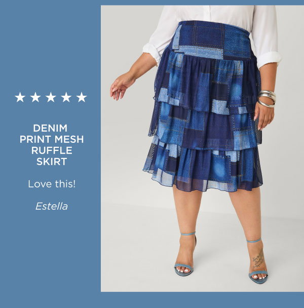 Denim Print Mesh Ruffle Skirt
