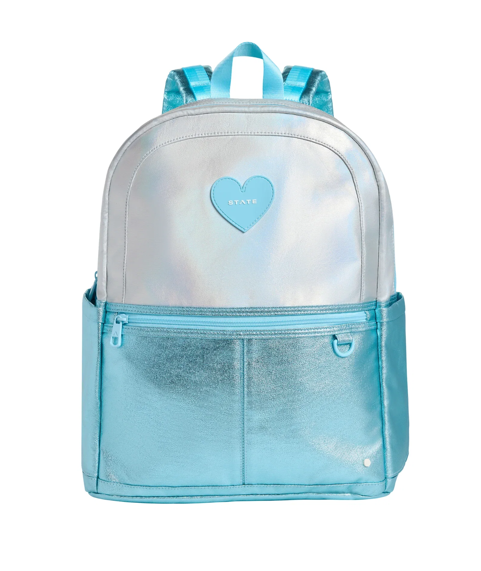 Image of State Bags Kane Kids Double Pocket Large Backpack Blue Iridescent Heart