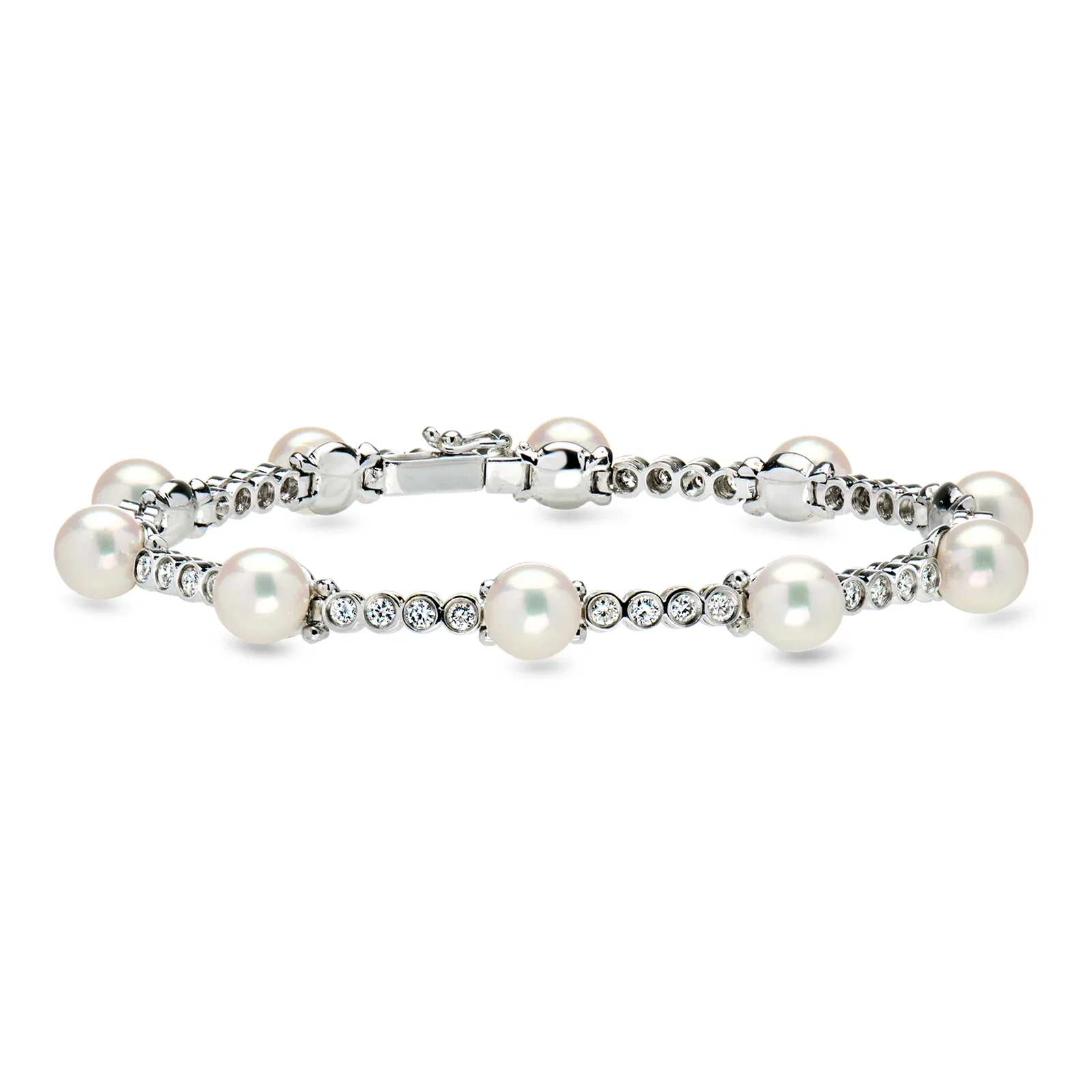 Image of C. 2000 Vintage 6.5mm Cultured Pearl and 1.20 ct. t.w. Diamond Bracelet in 18kt White Gold. 6.75"