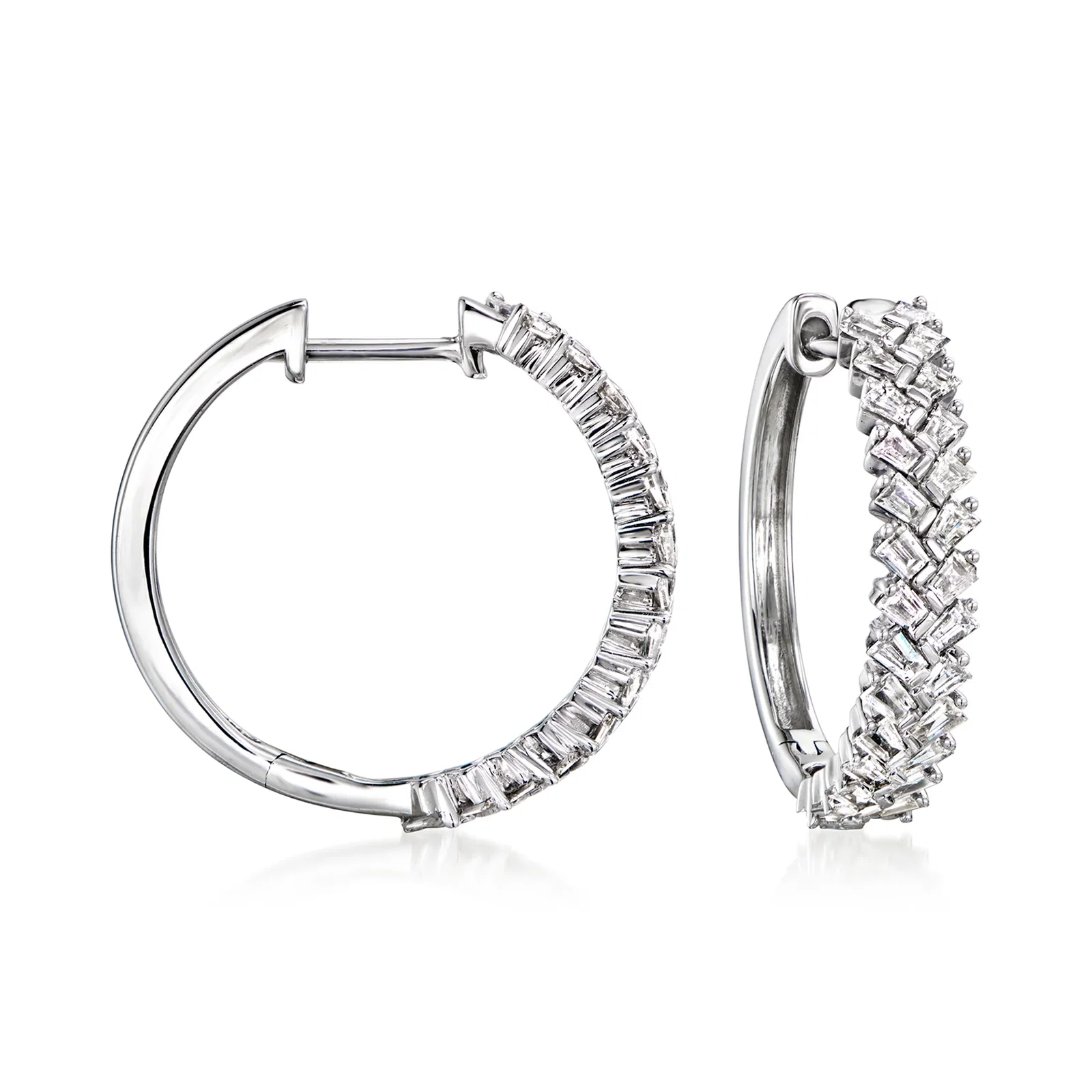 Image of 1.00 ct. t.w. Baguette Diamond Chevron Hoop Earrings in 14kt White Gold. 3/4"