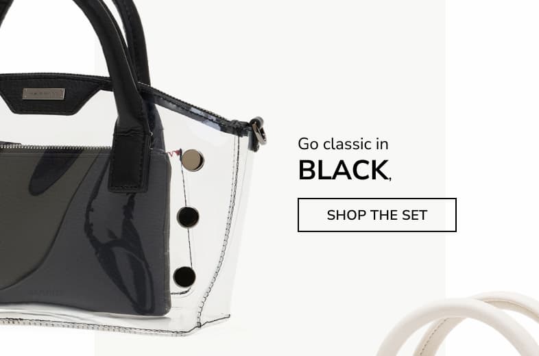 Clear Paula bag paired with a Black leather Viva Pouch. Go classic in BLACK, SHOP THE SET.
