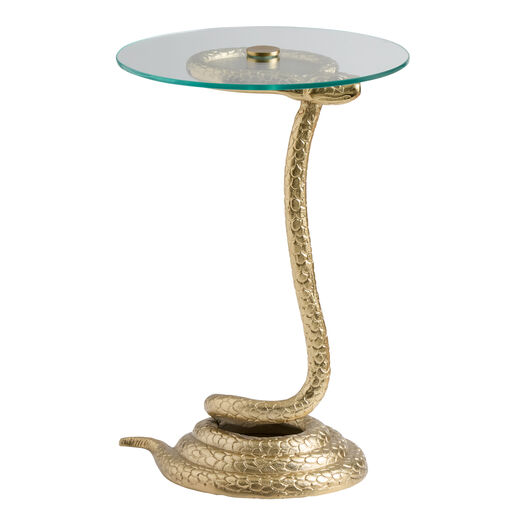 Round Gold Aluminum and Glass Top Serpent Shaped Side Table
