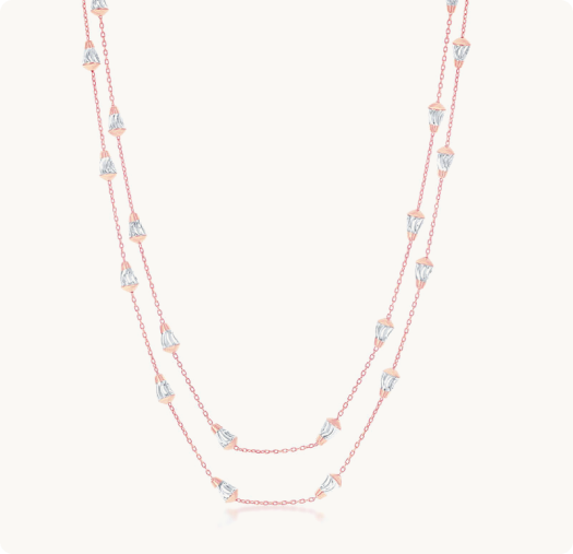 Diamond Cut Cone-Shaped Bead 60" Chain 1mm in Sterling Silver/Rose Gold Plated