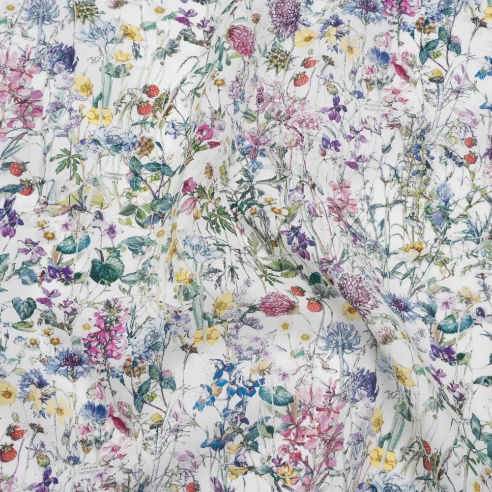 Image of Liberty Fabrics Tana Lawn® - Wild Flowers Multi Pastel - Green, Bright Pink and Yellow Botanical Illustrations
