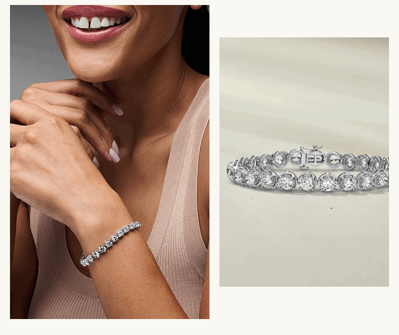 Model wearing circle-cut diamond tennis bracelet, alongside close-up of product shot.
