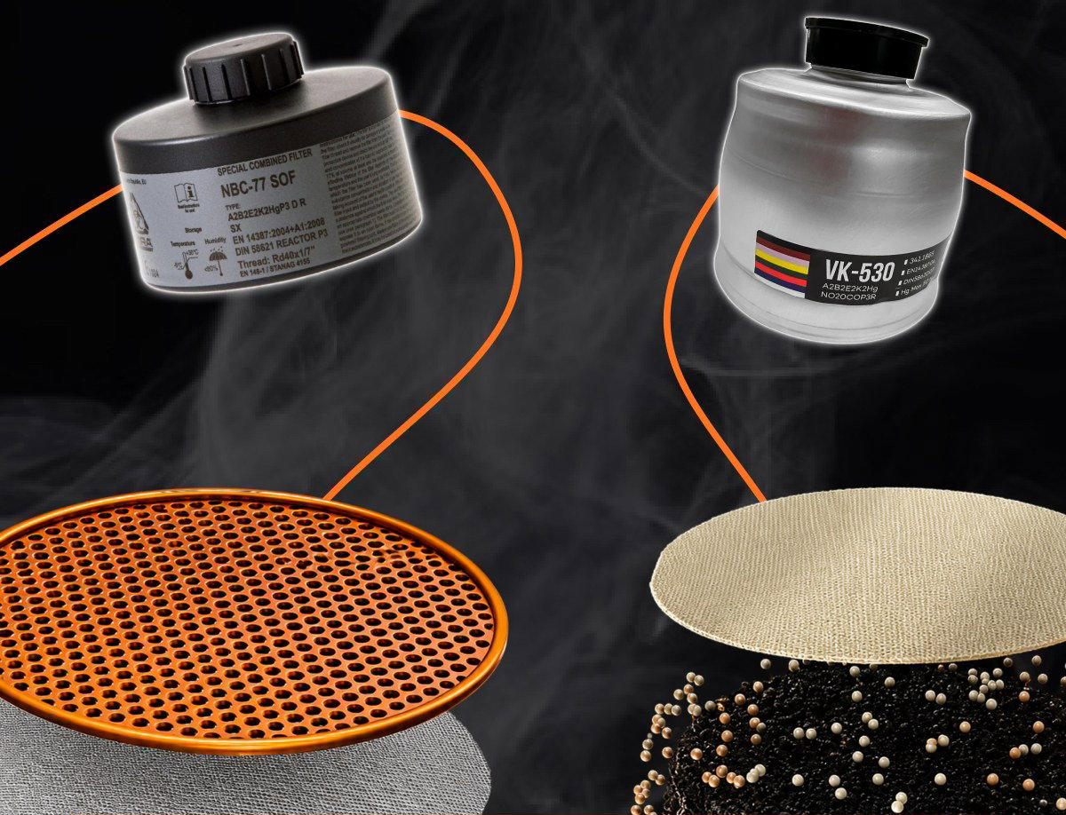 Filtration. Air hits the fibre media first, trapping solids and aerosols.