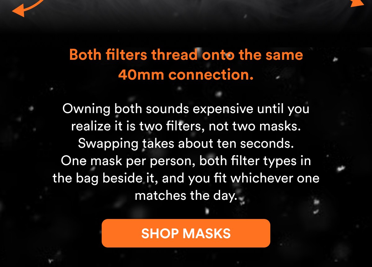 Both filters thread onto the same 40mm connection. Owning both sounds expensive until you realize it is two filters, not two masks.