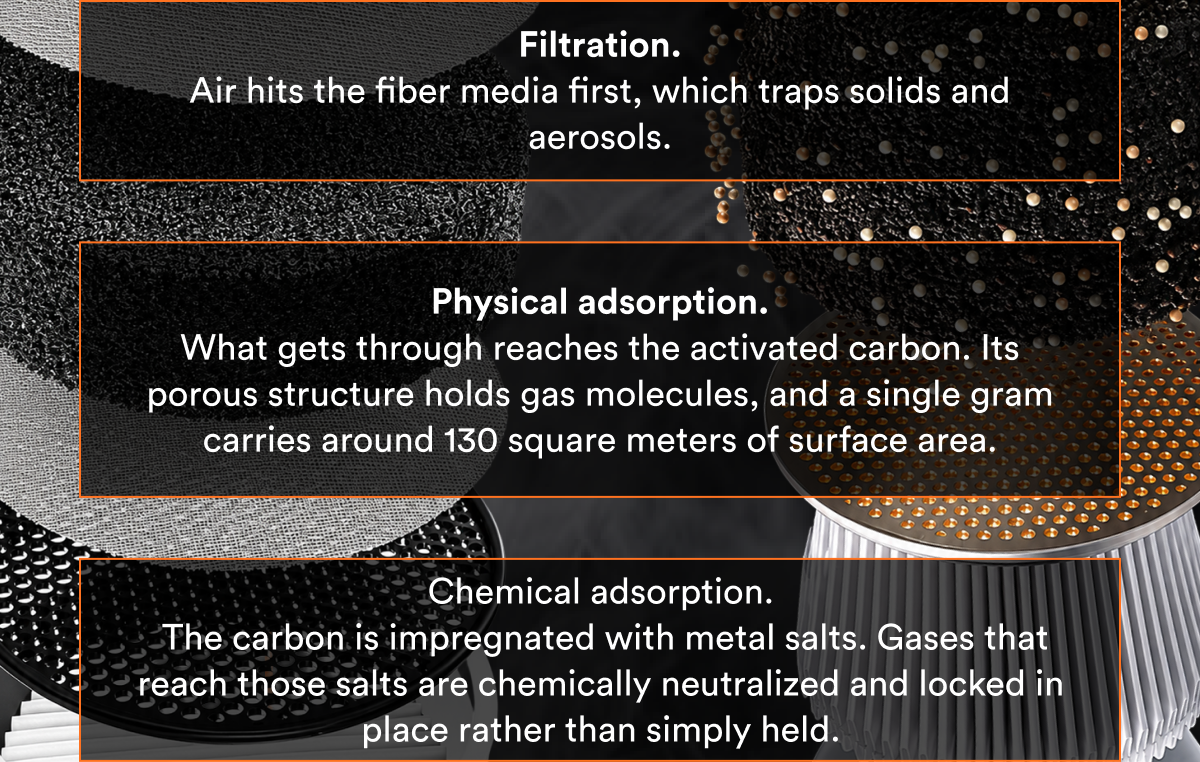 Dust, ash, smoke particles, microorganisms. Physical absorption. What gets through reaches the activated charcoal.
